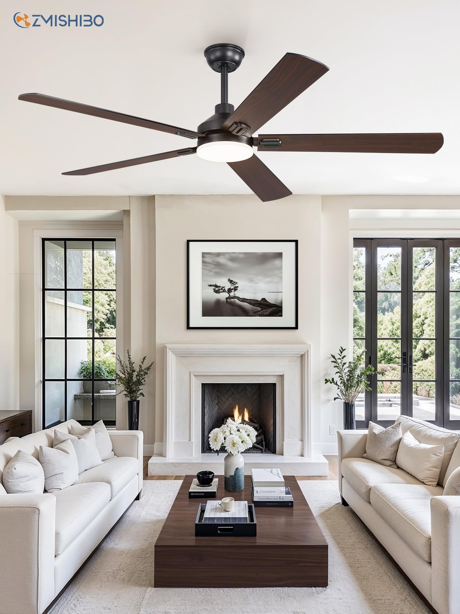 Energy-efficient DC motor reduces power use and extends fan life.