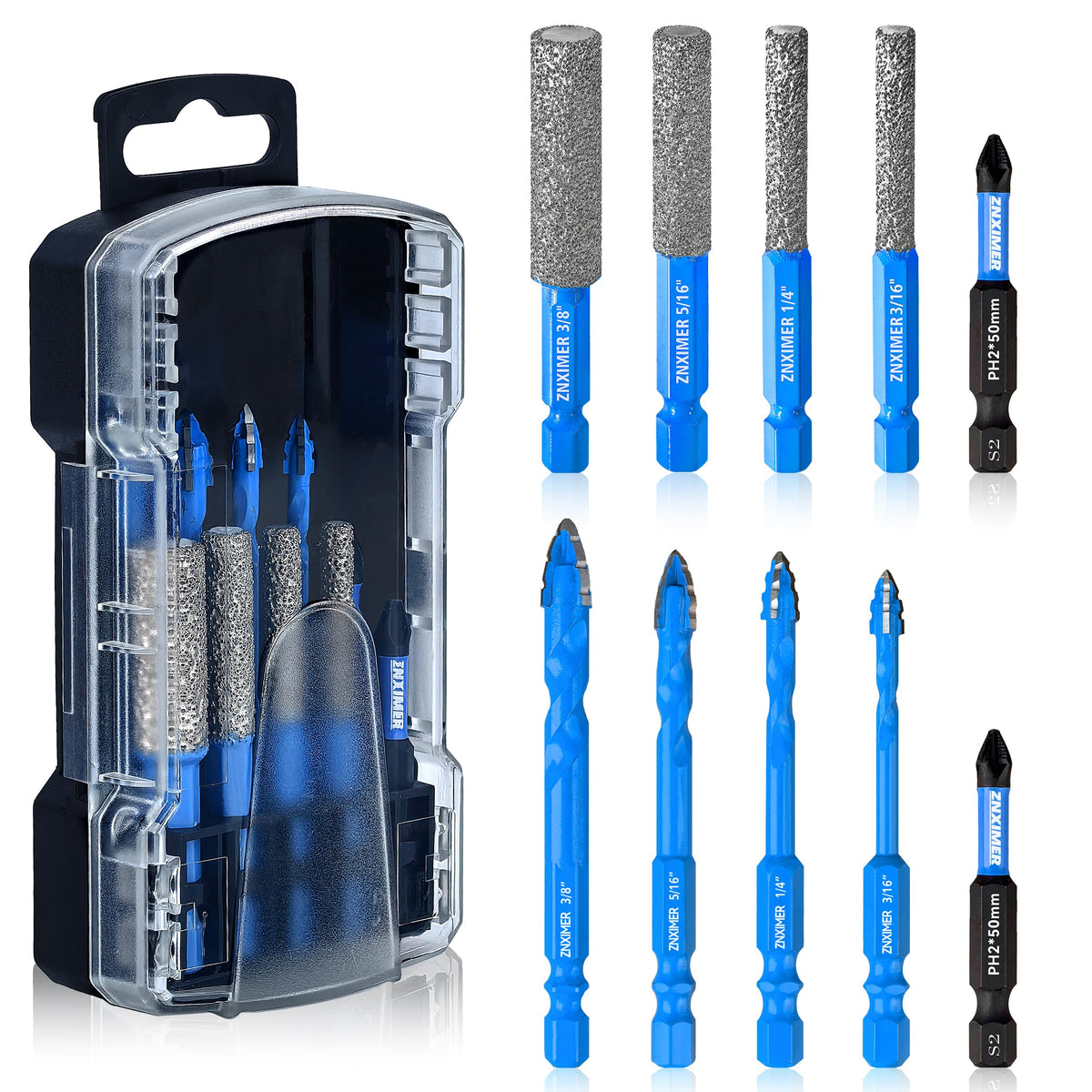 ZNXIMER diamond drill bits set in a transparent case for organized storage and easy access