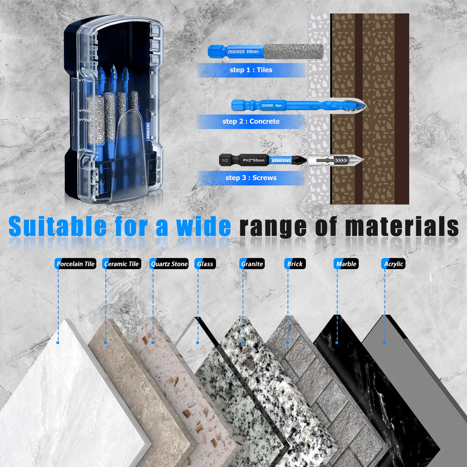 ZNXIMER durable, industrial-grade bits ideal for stone and tile projects
