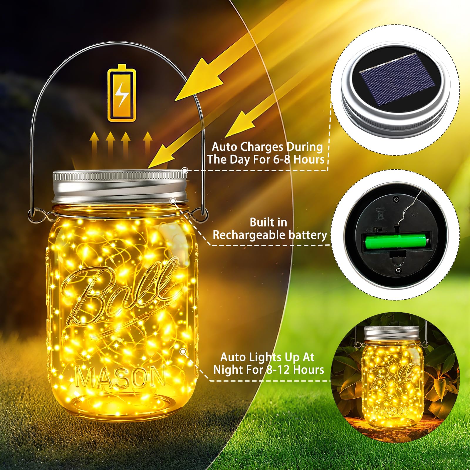 Solar panel and aluminum lid provide simple, weather-ready operation for outdoor décor.