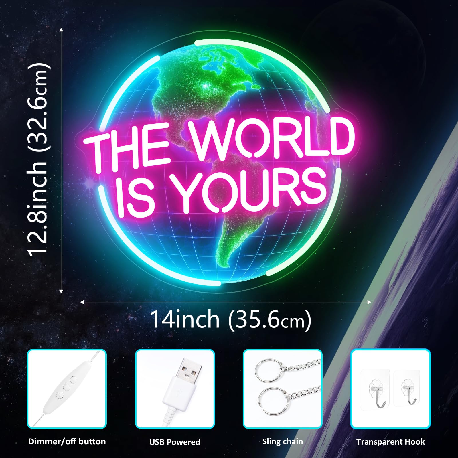 Zoaept pink 'WORLD IS YOURS' text lights up stylishly.