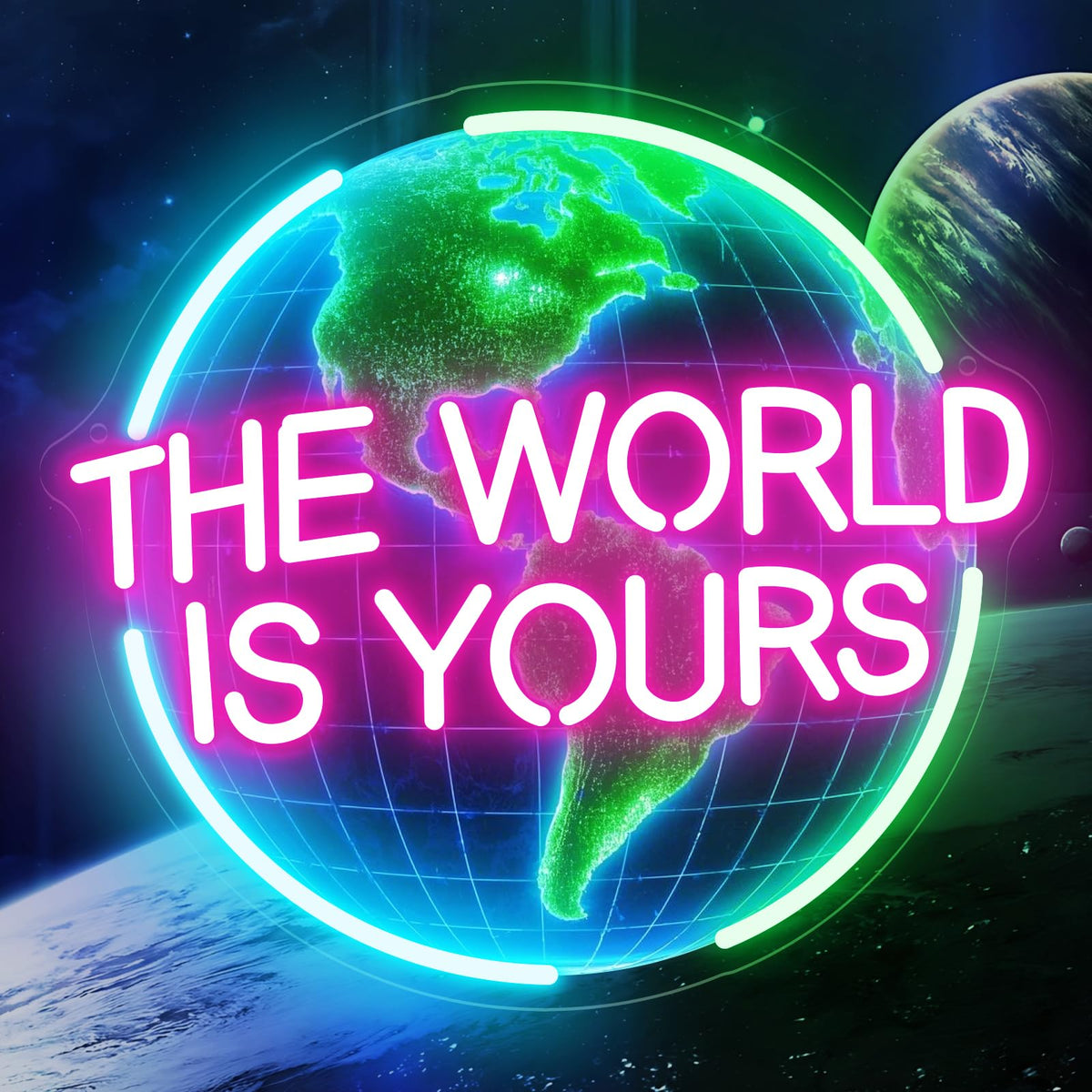 Zoaept World Is Yours neon sign on earth base for bold wall decor.