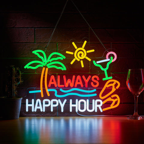 ZODZ Always Happy Hour beer bar neon sign wall view with retro glow for home bars
