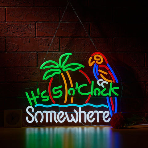 ZODZ Its five o'clock somewhere neon sign mounted for wall decor with ambient glow.