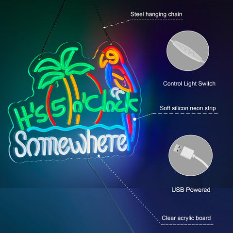 ZODZ Its five o'clock somewhere neon sign pre-assembled on acrylic backplane.