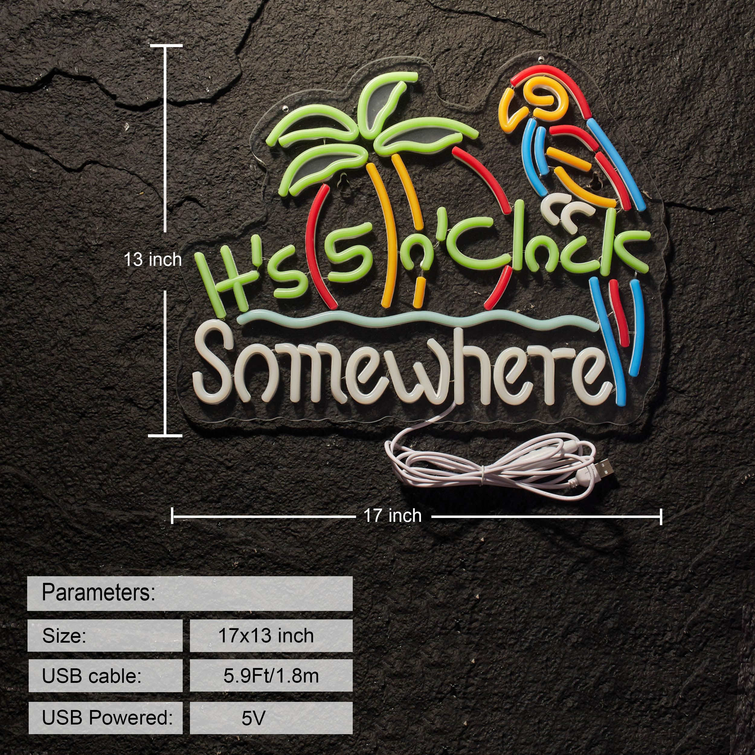 ZODZ Its five o'clock somewhere neon sign USB power cable length 1.8m.
