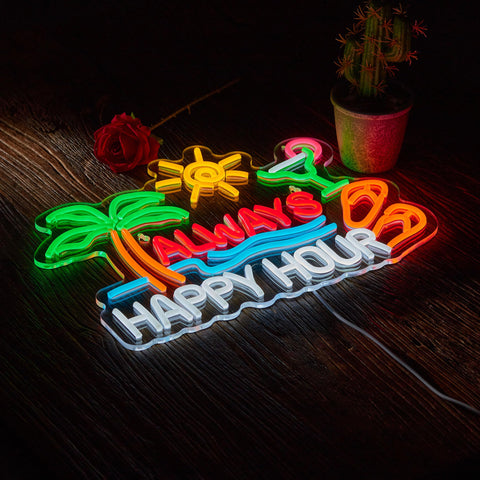 ZODZ Always Happy Hour beer bar neon sign USB-powered, easy cable setup