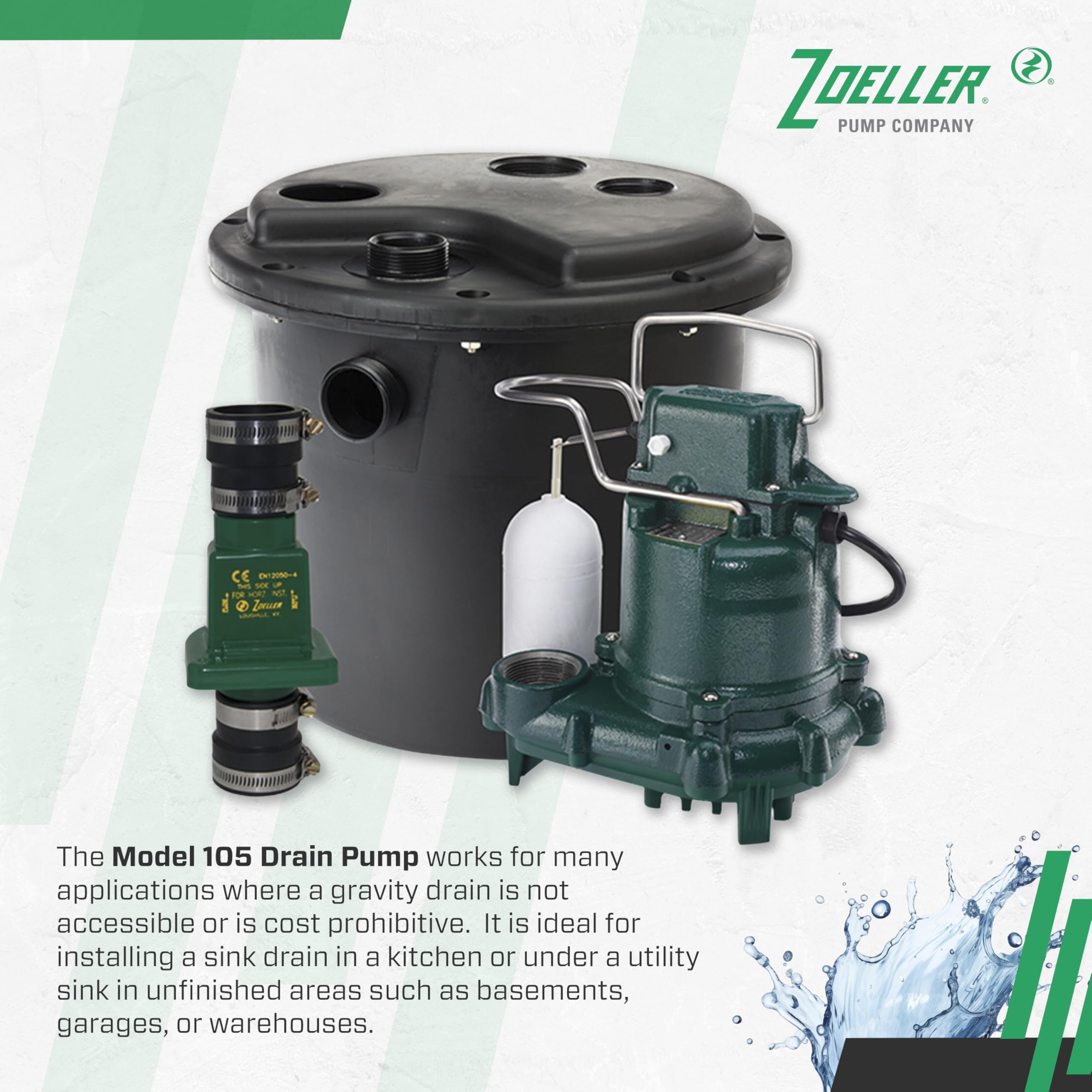 Zoeller 105-001 basement drain setup provides reliable wastewater handling when gravity is unavailable.