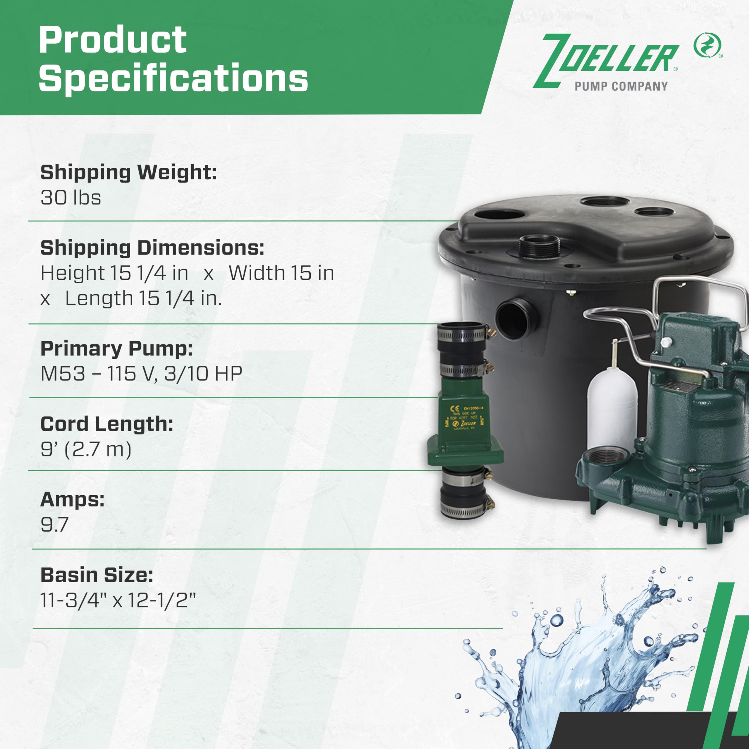 Zoeller 105-001 accommodates dishwasher and ice machine drains with solids handling.