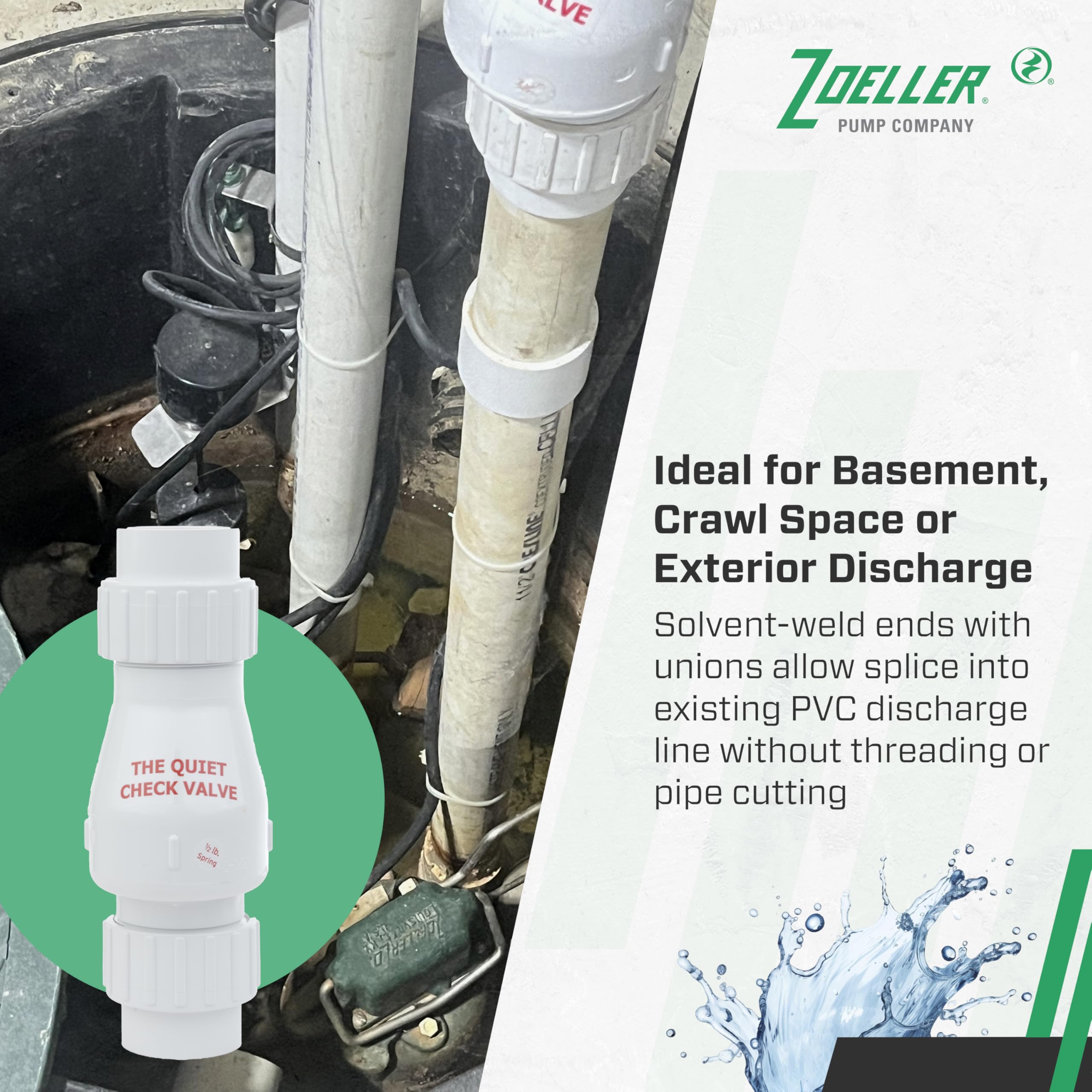 Zoeller 50 PSI rating supports vertical or horizontal discharge layouts.