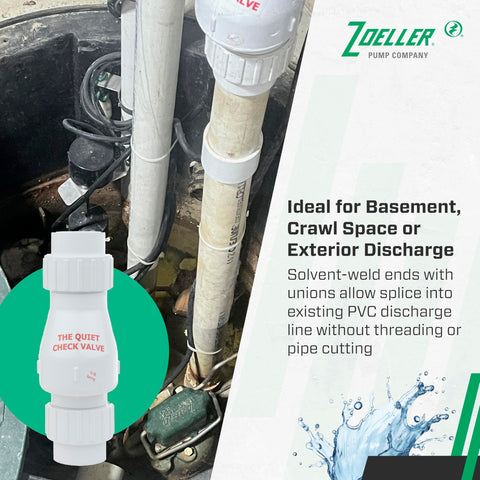 Zoeller 50 PSI rating supports vertical or horizontal discharge layouts.