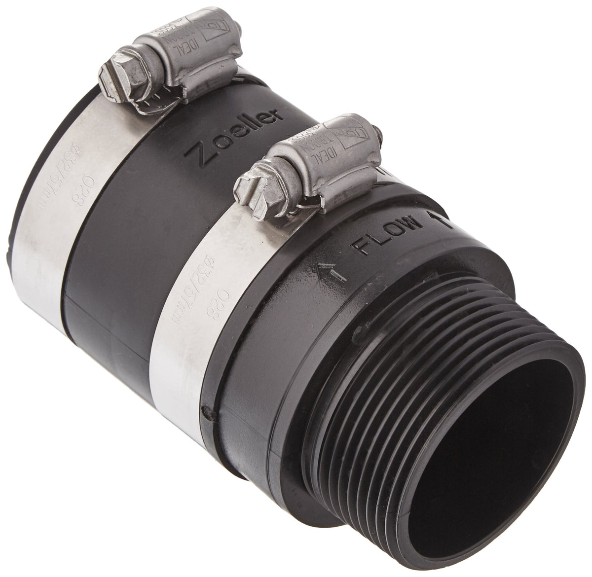 Zoeller inline check valve small black with threaded discharge for secure pump connections.