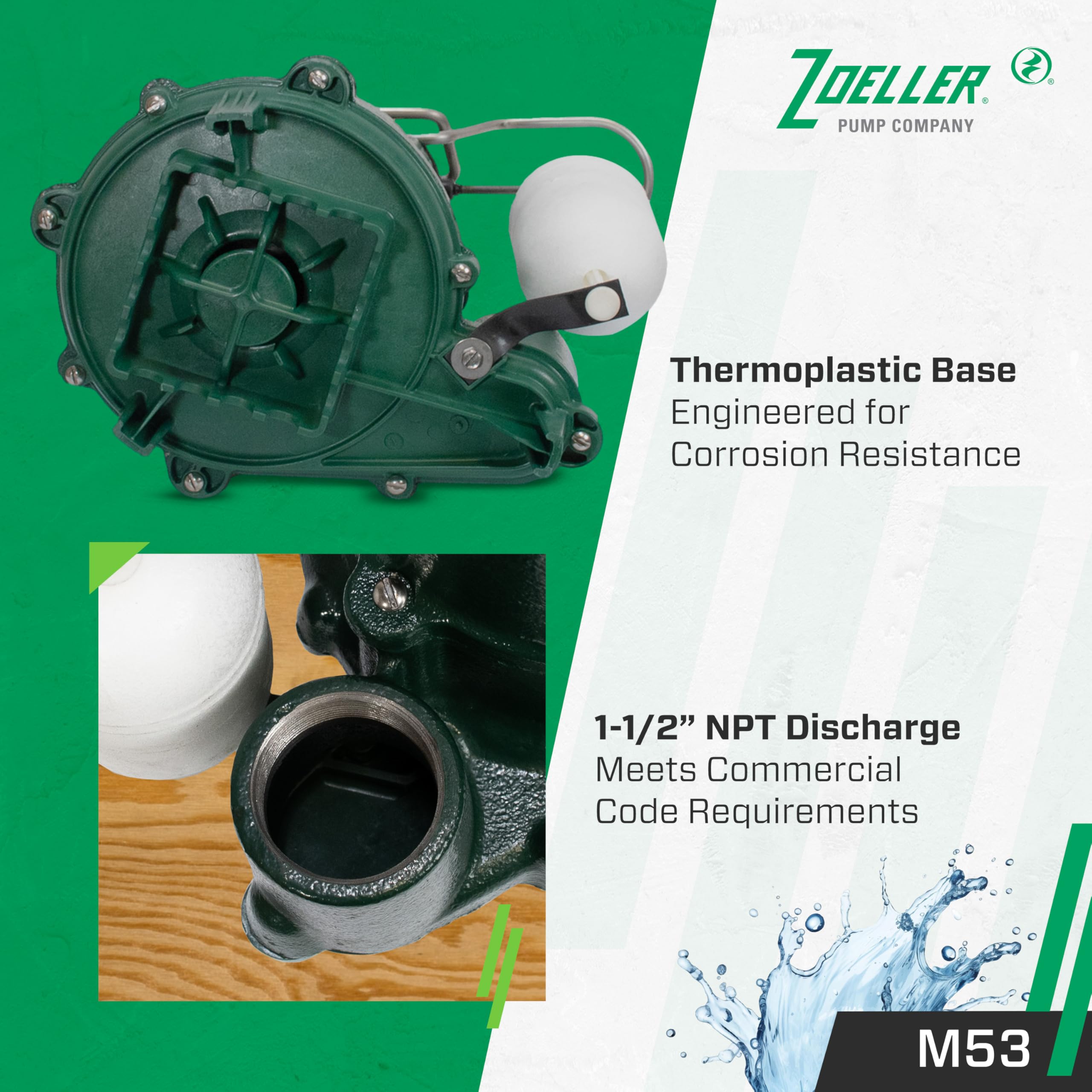 Zoeller M53 stainless steel hardware resists rust in damp basements.