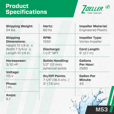 Zoeller M53 vortex impeller enables solids passage with less maintenance.