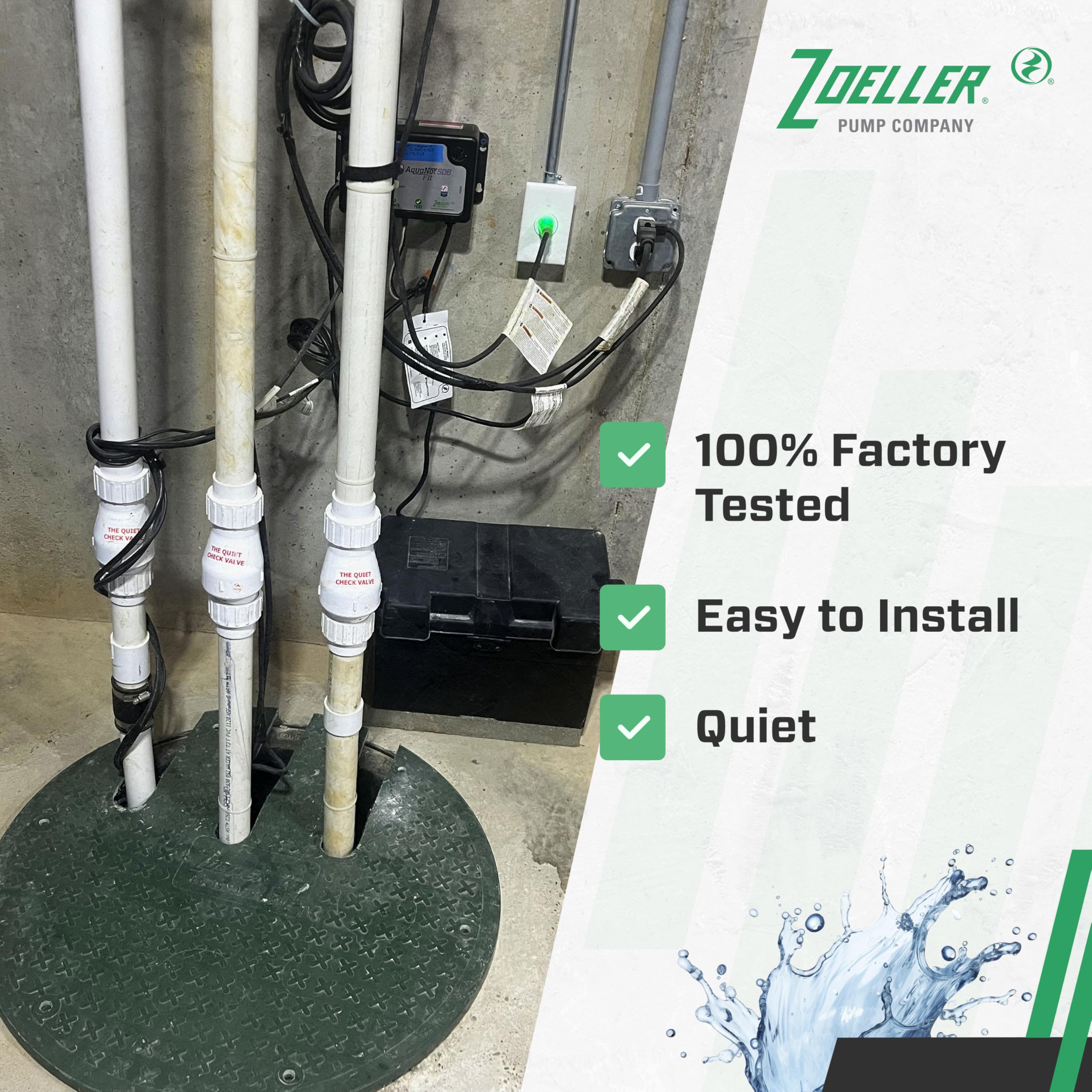 Zoeller solvent-weld ends with unions simplify splicing into PVC lines.