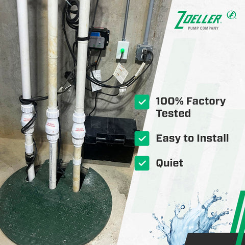 Zoeller solvent-weld ends with unions simplify splicing into PVC lines.