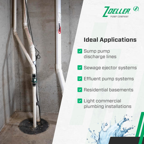 Zoeller UniCheck 2in stainless steel hardware resists corrosion.