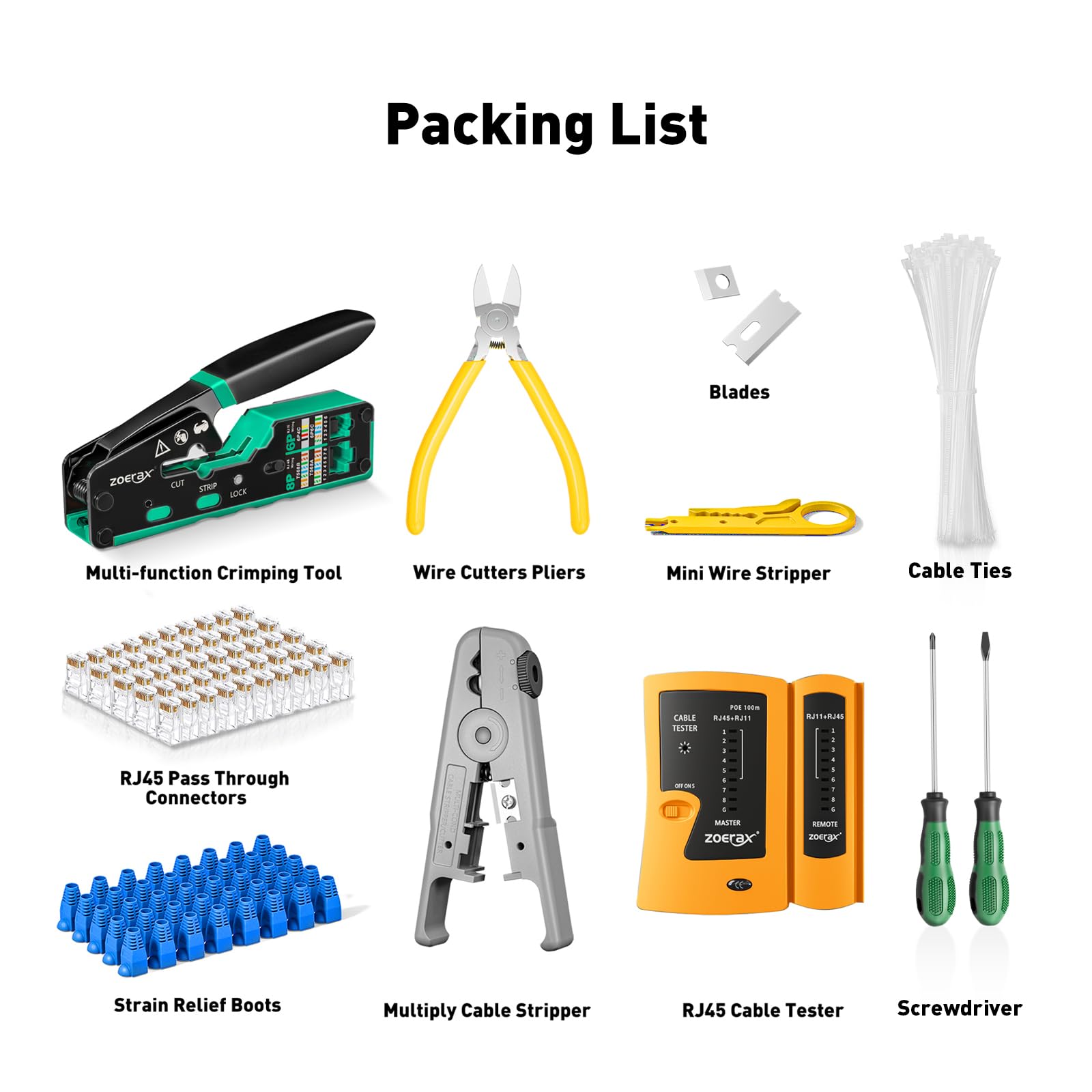 ZOERAX accessory pack includes screwdrivers, ties, and spare blades