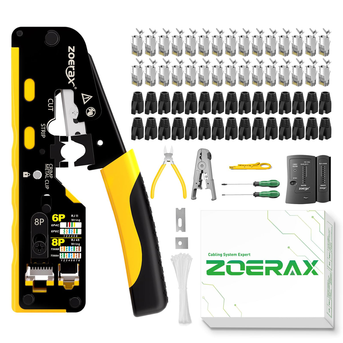 ZOERAX Cat7 crimp tool front view showing grip and head for precise terminations