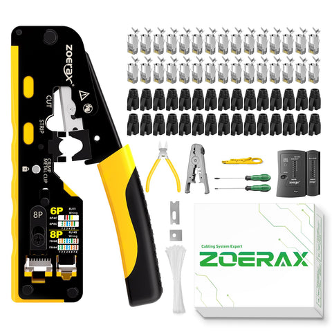 ZOERAX Cat7 crimp tool front view showing grip and head for precise terminations