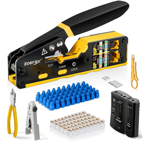 ZOERAX pass-through RJ45 crimp tool in action for quick terminations