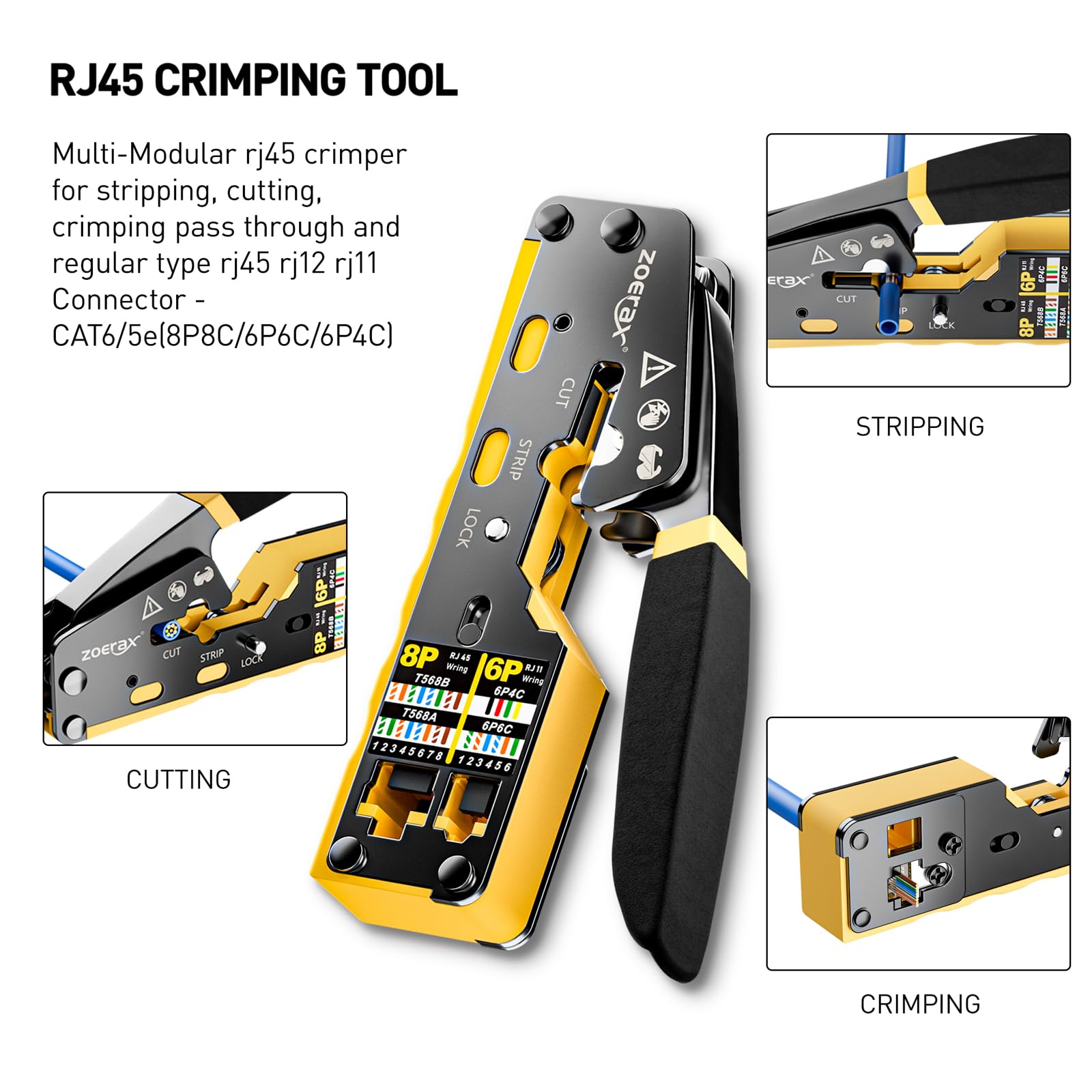 ZOERAX pass-through RJ45 crimper in a protective case for versatile networking tasks.