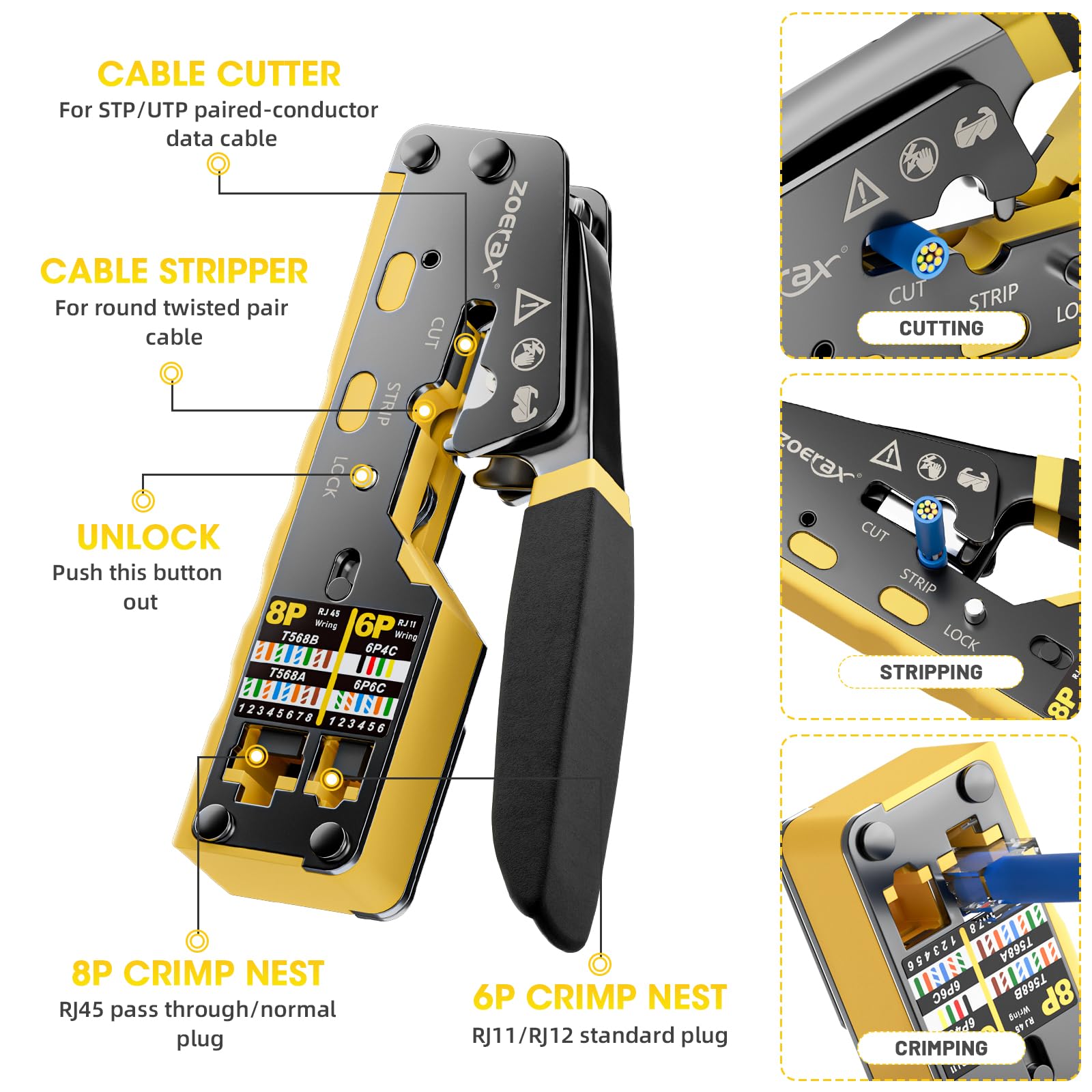 ZOERAX RJ45 crimping tool side view showing compact design for handling.