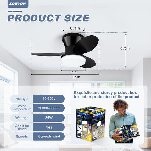 Zoeyon 3-color temp dimmable light ceiling fan for mood lighting.