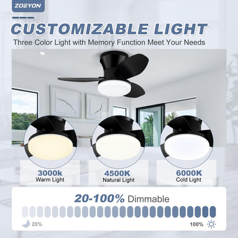 Zoeyon DC motor ceiling fan black, whisper-quiet operation for living spaces.
