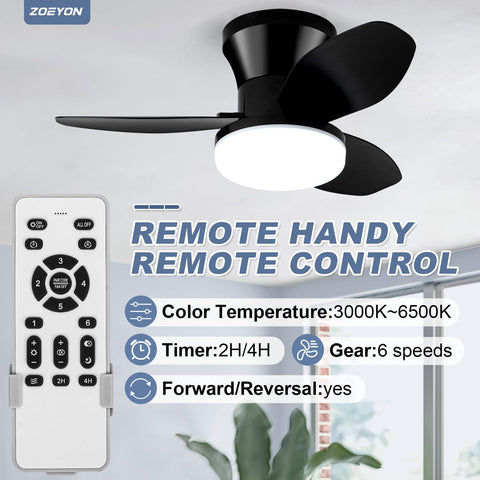 Zoeyon flush-mount ceiling fan in black, space-saving design ideal for bedrooms.