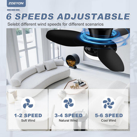 Zoeyon reversible black ceiling fan shows directional control for seasonal comfort.