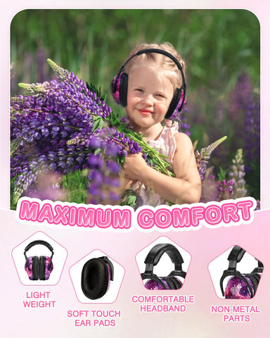 Nebula-pattern muffs reduce ambient noise while keeping important sounds audible.