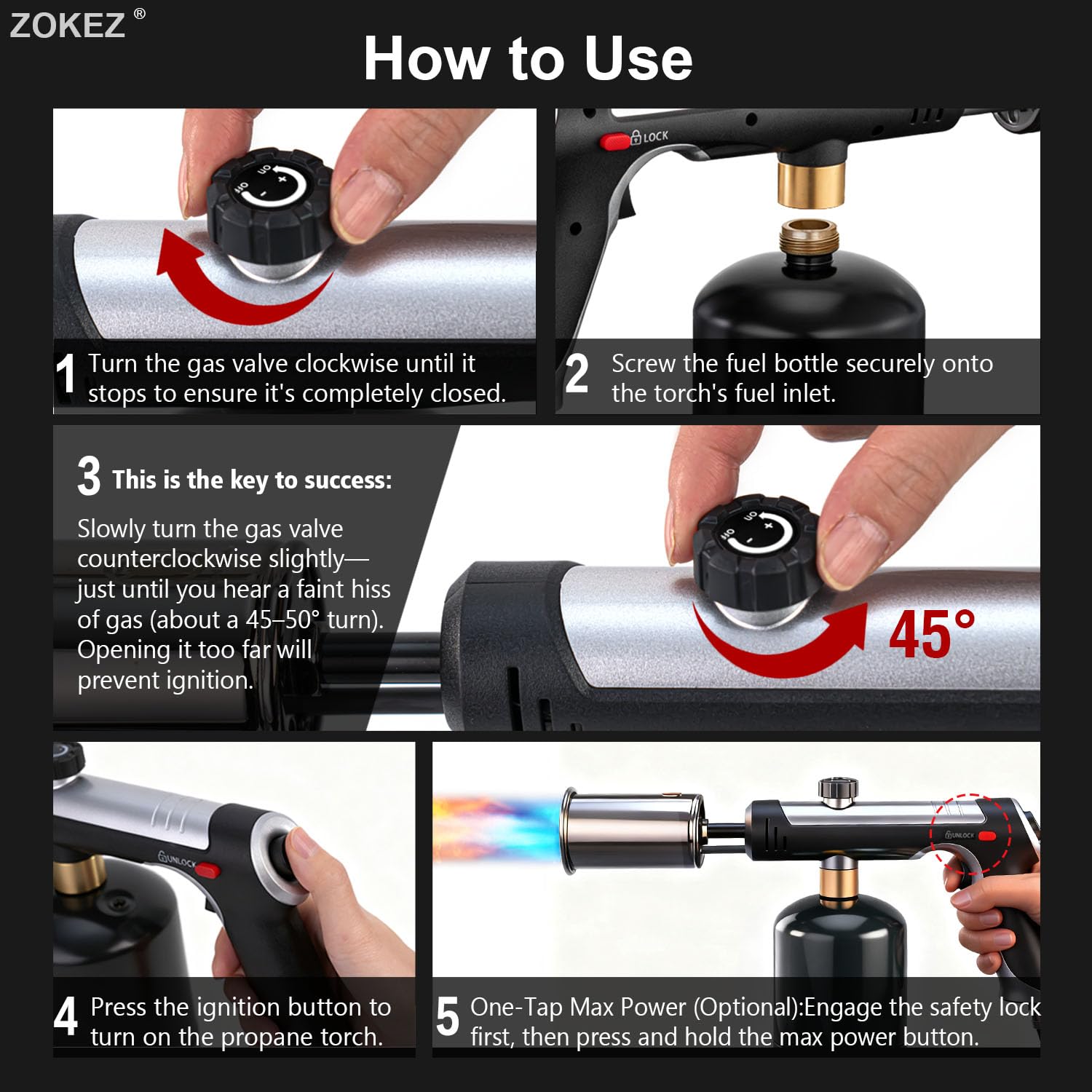 ZOKEZ torch ideal for grilling, searing, and quick charcoal lighting.