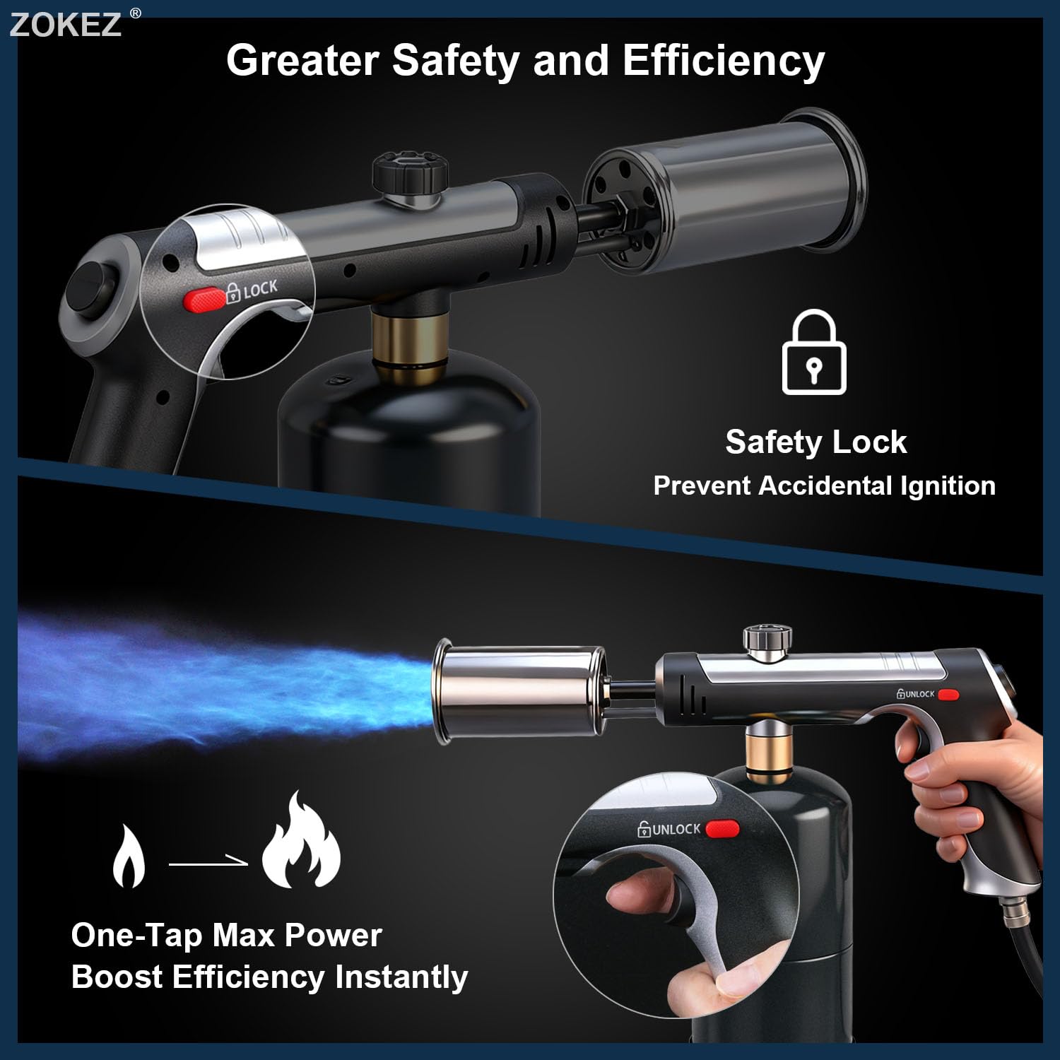 ZOKEZ torch safety lock and wind-stabilized flame for outdoor use.