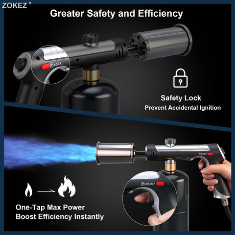 ZOKEZ torch safety lock and wind-stabilized flame for outdoor use.