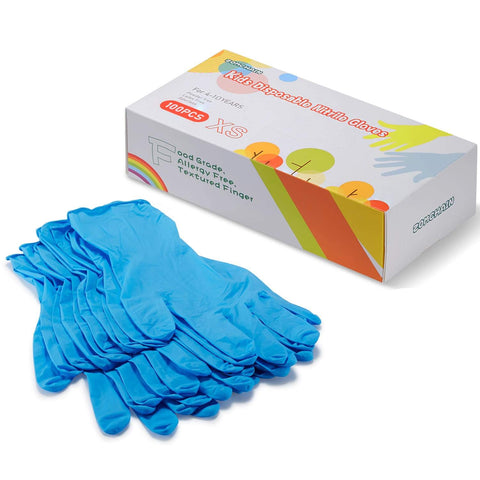 Zomchain nitrile kids gloves blue pack front showing comfortable fit for activities.