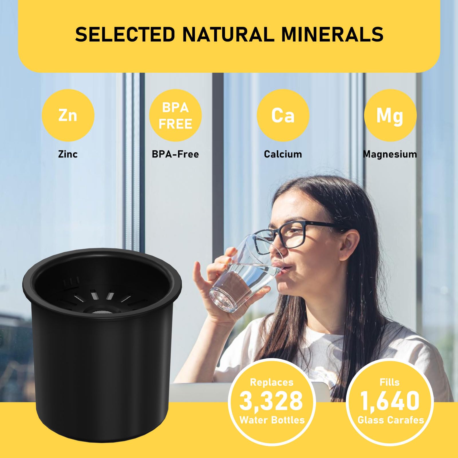 Zomixzo remineralization filter water glass highlights refreshed, balanced taste.