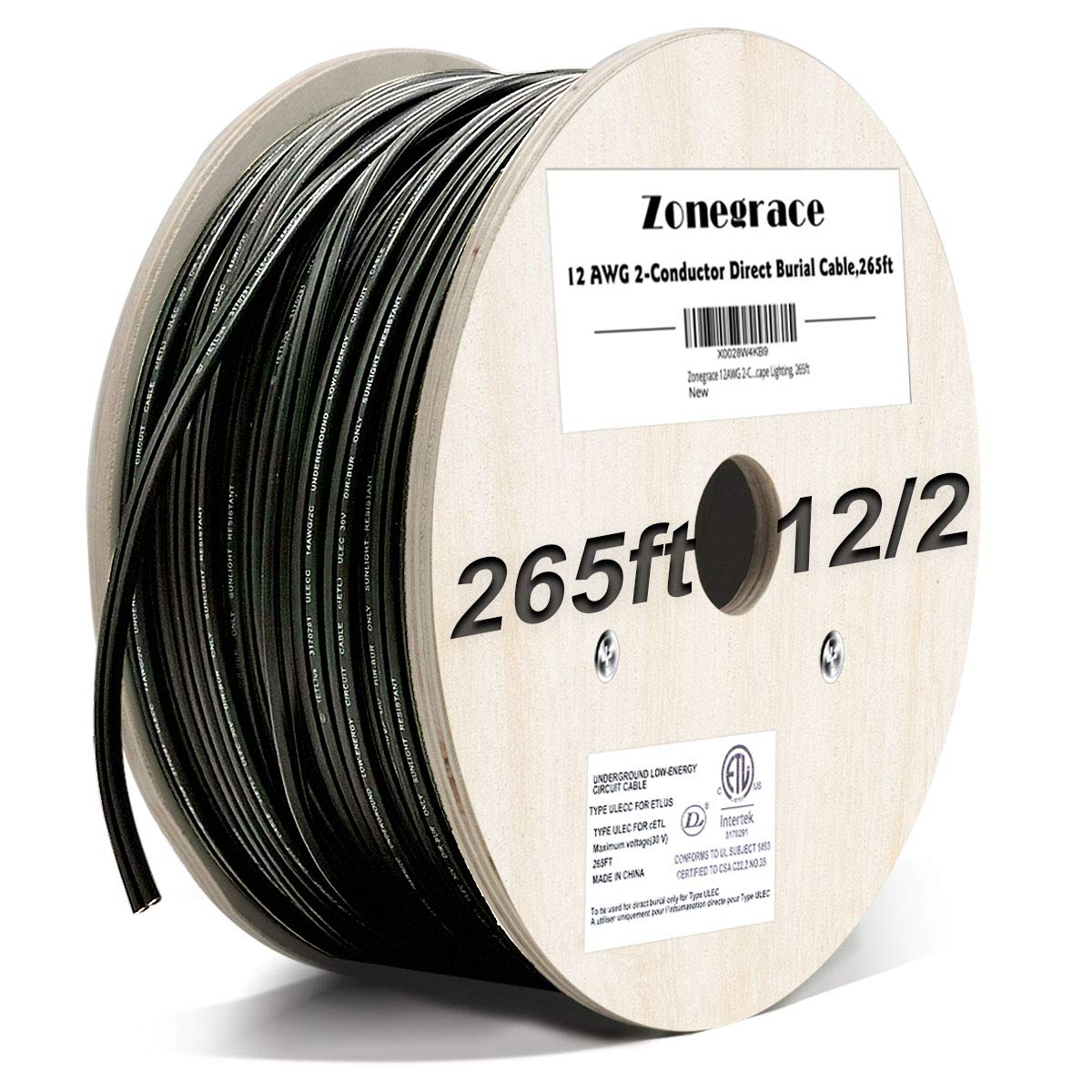 Zonegrace 12AWG 2-Conductor direct burial wire on a wooden spool for outdoor lighting.