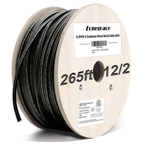Zonegrace 12AWG 2-Conductor direct burial wire on a wooden spool for outdoor lighting.