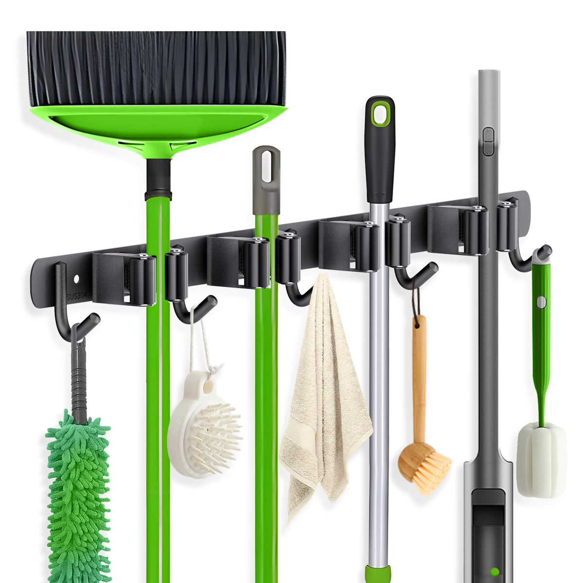 ZONGOOL 4 racks and 5 hooks broom holder keeps cleaning tools neatly organized on your wall.