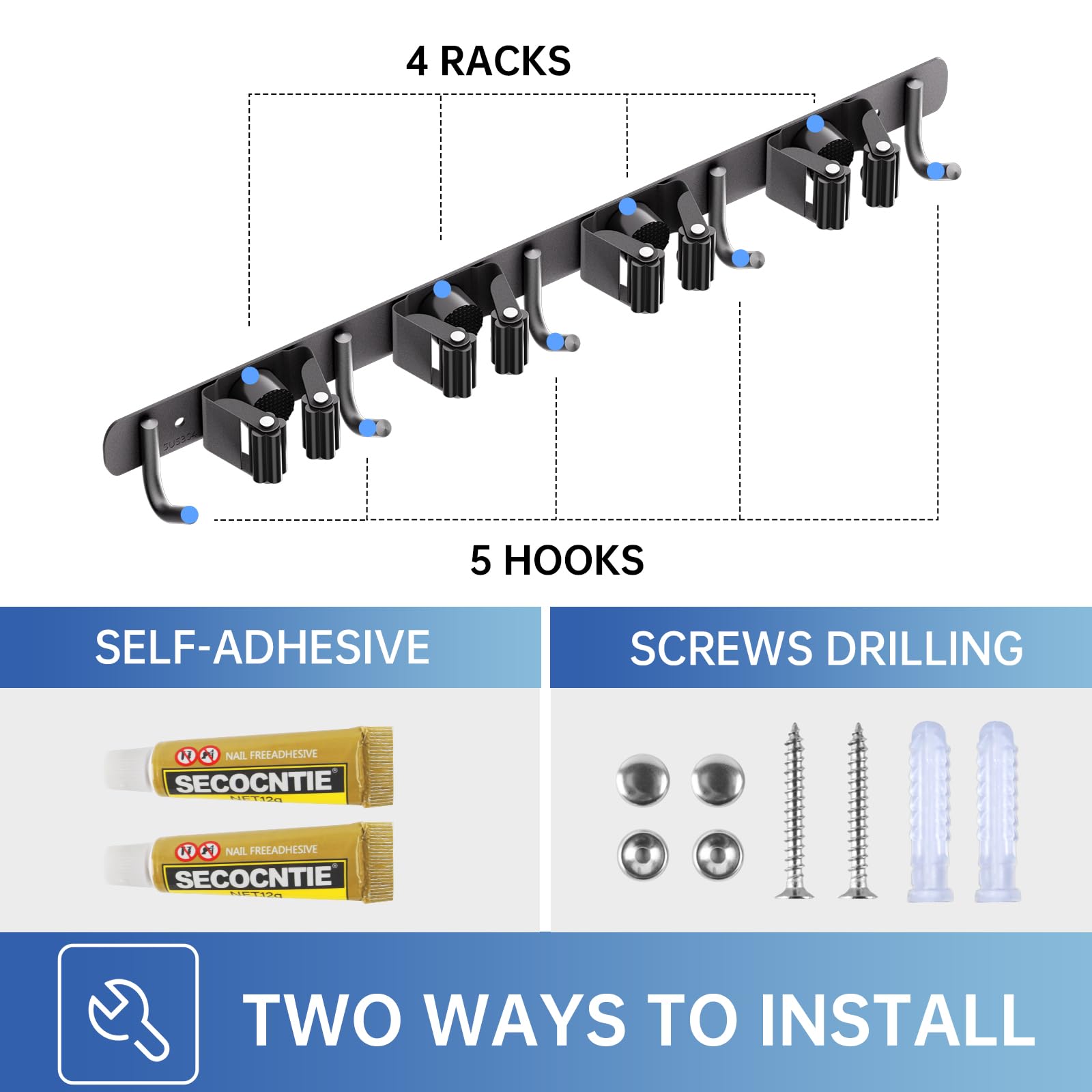 ZONGOOL versatile home organization for broom, mop, rake, and brush storage.