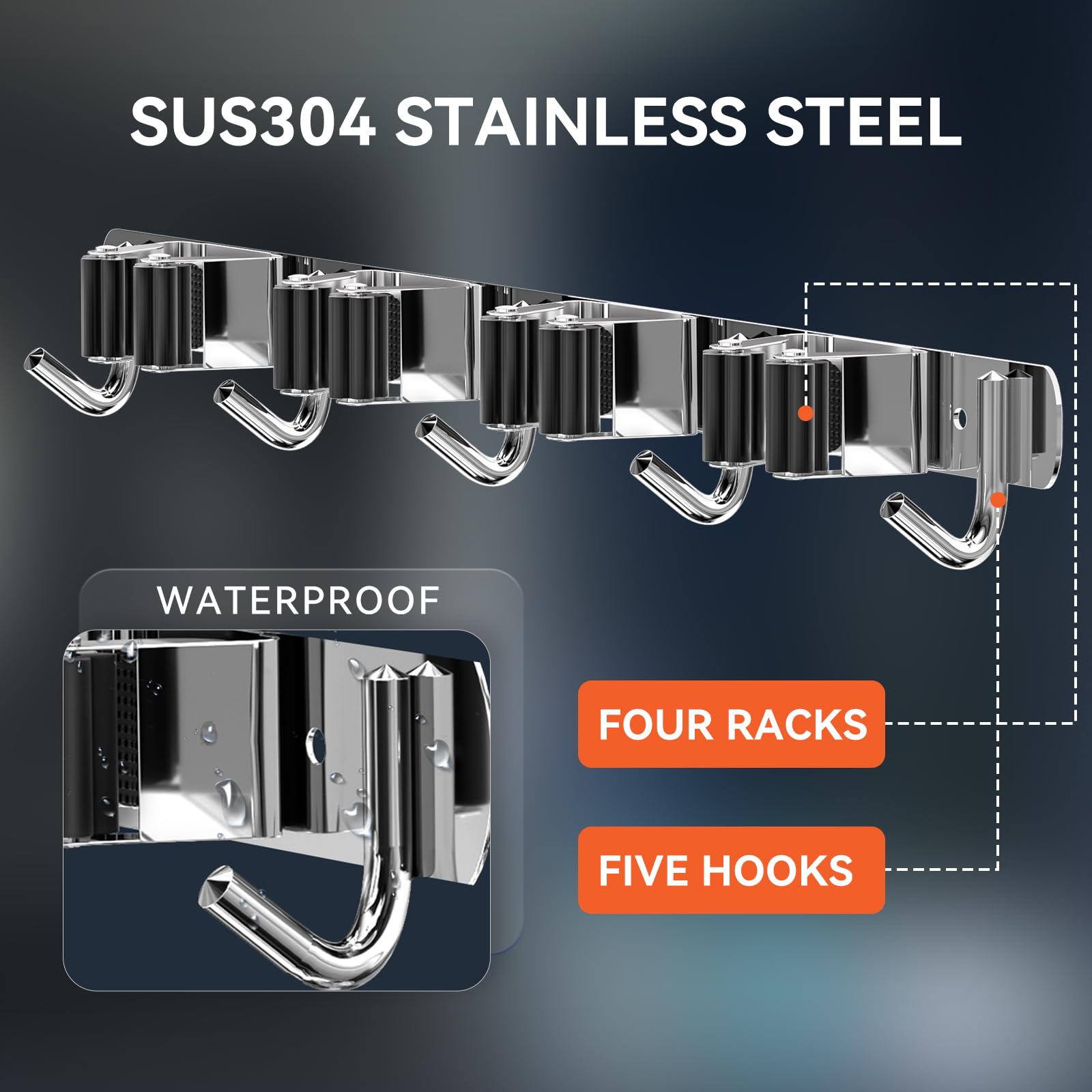 ZONGOOL stainless steel broom rack close-up shows sturdy, corrosion-resistant construction
