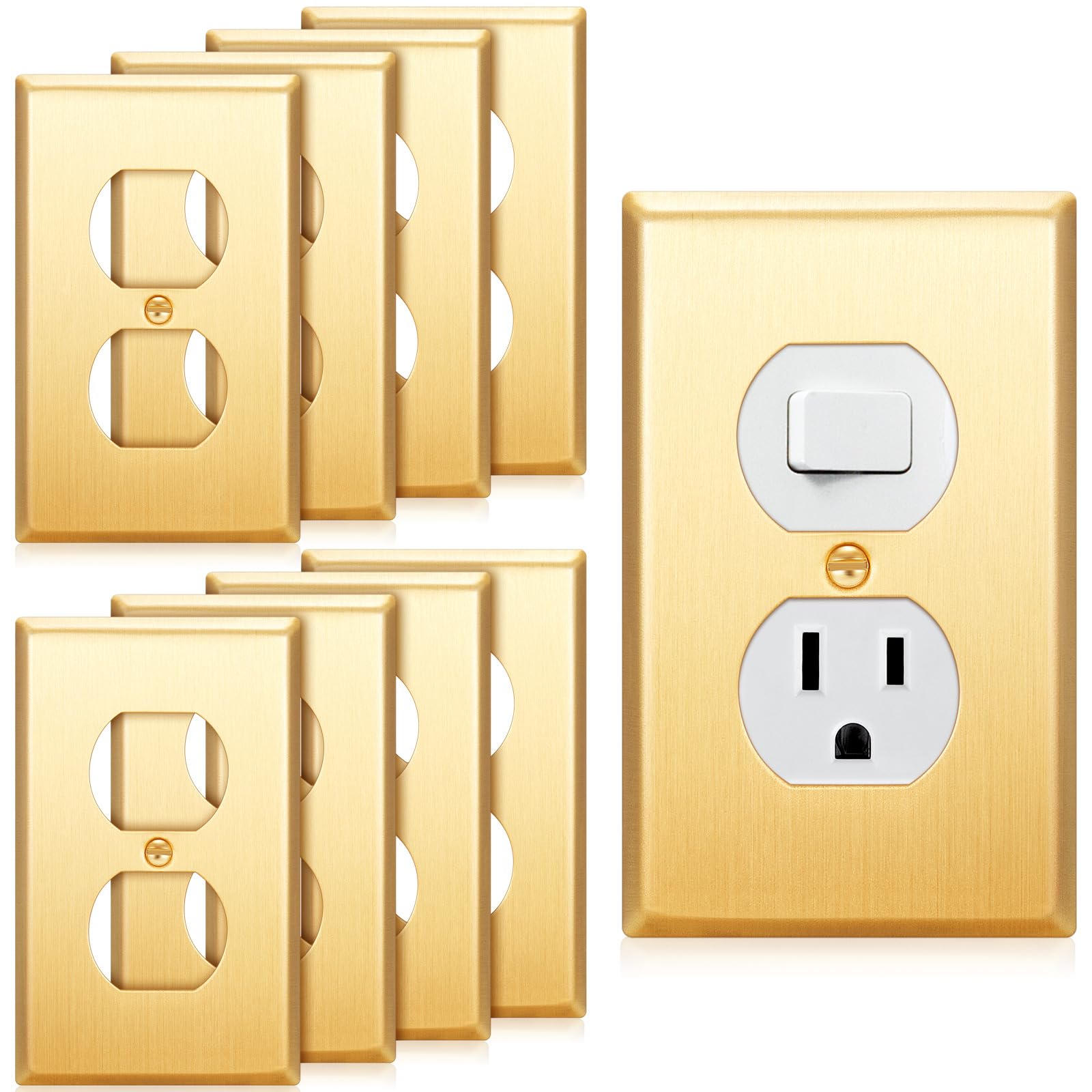Zonon 8-pack gold outlet covers in brushed brass, front view for indoor spaces
