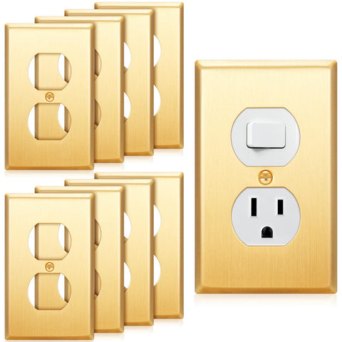 Zonon 8-pack gold outlet covers in brushed brass, front view for indoor spaces