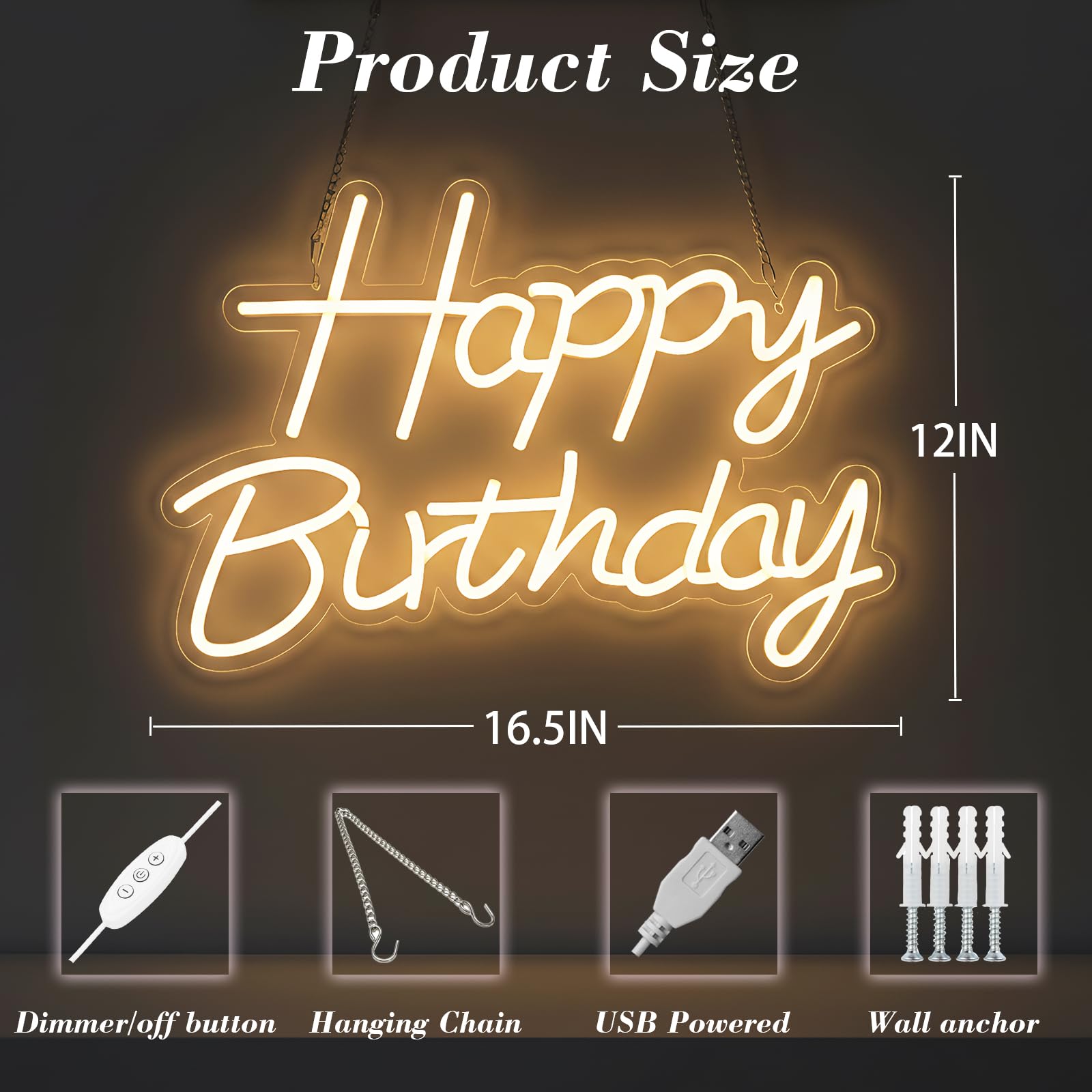 Zontruxe Happy Birthday neon sign dimmable brightness supports mood lighting.