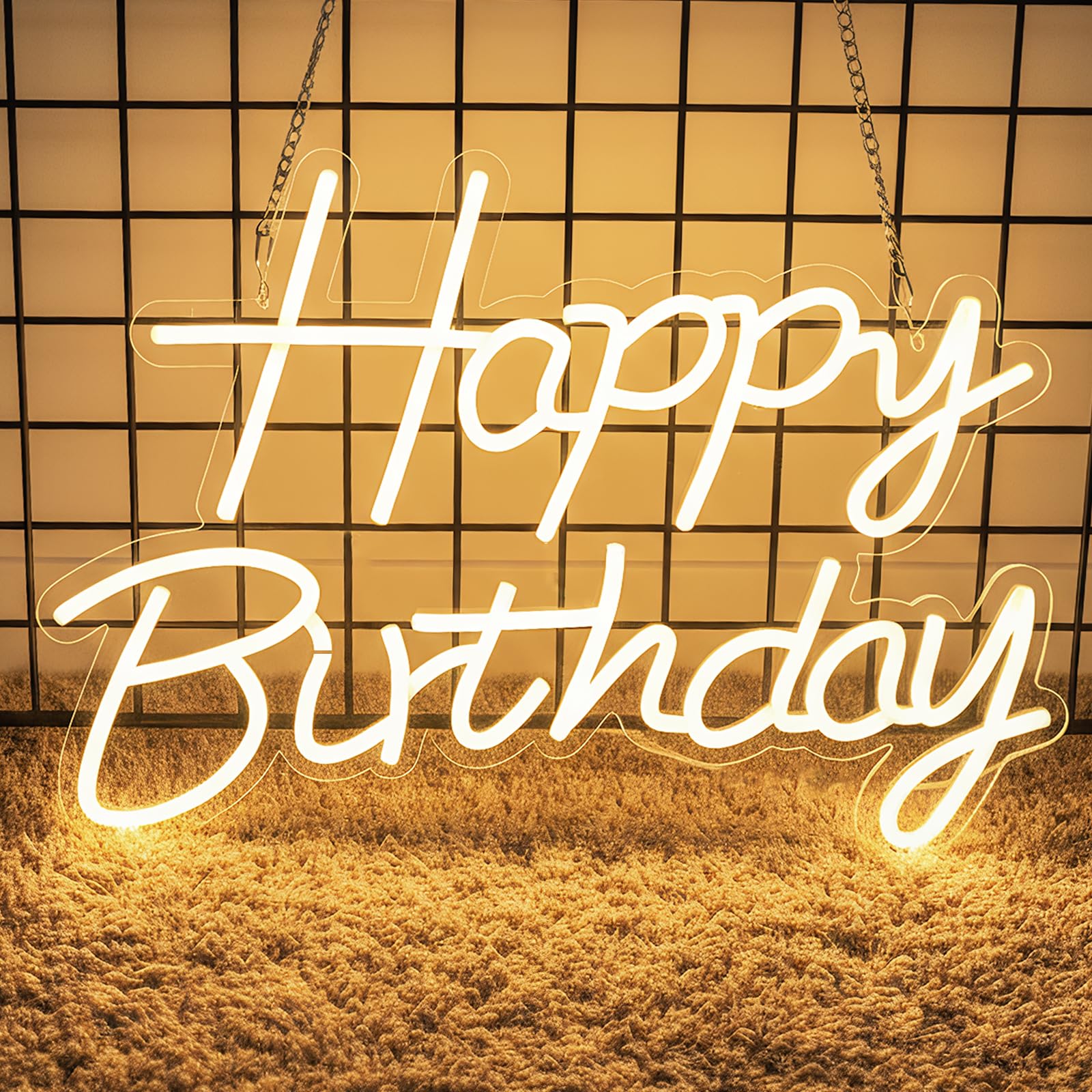 Zontruxe Happy Birthday neon sign front view provides warm backdrop lighting.