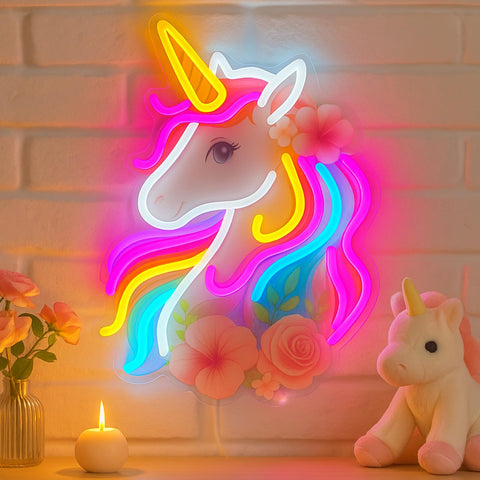 Zontruxe Unicorn Neon Sign with rainbow mane brightens a girl's room with whimsy.