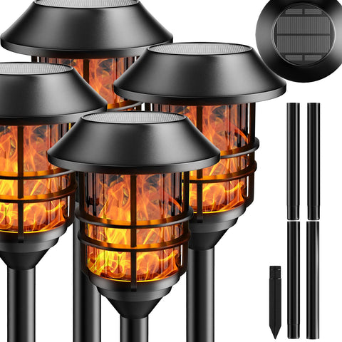 ZOOHAR four-pack solar outdoor lights with flame glow lighting paths and patios