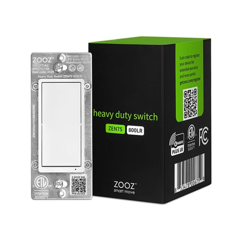 Zooz 800LR heavy-duty wall switch front view, durable Decora housing for reliable control.
