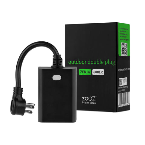 Zooz 800LR outdoor double plug front view with weatherproof housing for outdoor lighting.